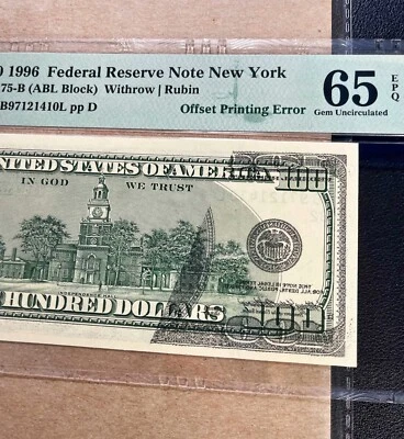 Fr. 2175-B 1996 $100 FRN NEW YORK "OFFSET ERROR" PMG 65 EPQ - GEM UNC - Image 1 of 3
