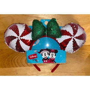 Disney Minnie Mouse Christmas Sequin Peppermint Candy Cane Ears Hairband - Picture 1 of 4