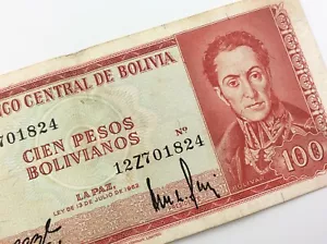 1962 Banco Central Bolivia Cien 100 Pesos Bolivianos Circulated Banknote W172 - Picture 1 of 9