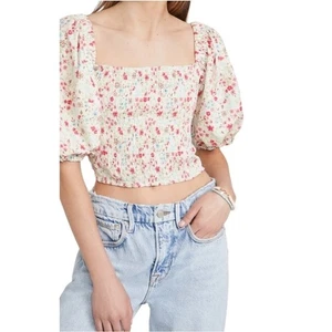 Sokie Collective Shirt Women Small Greenwich Floral Puff Sleeve Smocked Top NWT - Picture 1 of 10