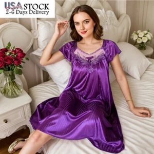 Women Sexy Silk Satin Sleepwear Ladies Short Sleeve Nightgown Robes Night Dress - Picture 1 of 22