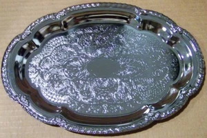 PLATA ACERO INOXIDABLE FORAL FORAL ELEGANTE BEBIDA DECORATIVA COMIDA BANDEJA PARA SERVIR OVALADA 6 X 9 - Imagen 1 de 2