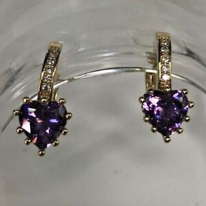 Gold Tone Crystal Hoop Huggie Earrings Purple Heart Cut Made With Swarovski