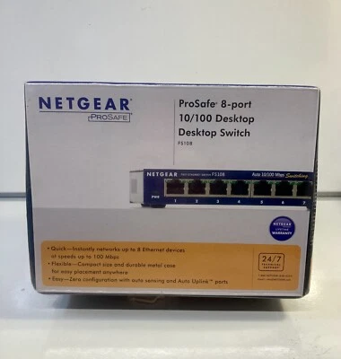 NetGear ProSafe 8 Port Fast Ethernet Switch FS108 Compact, New And Sealed - Image 1 of 4