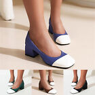 Ladies Fashion Color Blocking Leather Shallow Mouth Square Head Thick Heel