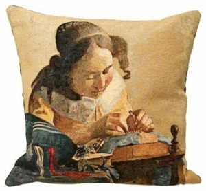 VERMEER KANTWERKSTER LACEMAKER BELGIAN TAPESTRY CUSHION COVER, 18 X 18", 01828 - Picture 1 of 6