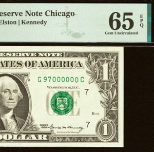 1969 $1 Federal Reserve Note - PMG 65EPQ - 97 Million Serial Number 97000000 - Picture 1 of 3