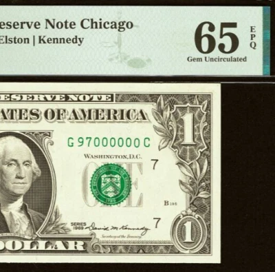 1969 $1 Federal Reserve Note - PMG 65EPQ - 97 Million Serial Number 97000000 - Image 1 of 3