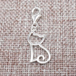 925 Sterling Silver Cat Dangle Clip On Charm Lobster Clasp for Bracelet Necklace - Picture 1 of 5
