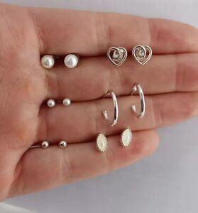 Set Of 6 Silver Pearl Huggie Hoop Stud Earrings 
