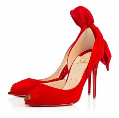 Christian Louboutin Barbara 100 Oeillet Red Suede Peep Toe Bow Heel Pump 39.5 - Изображение 1 из 4
