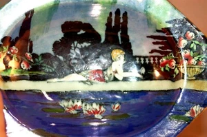  Art Deco Luster Wilkinson's England Pottery Pan's Garden Oval Bowl! Lady Scene - Picture 1 of 4