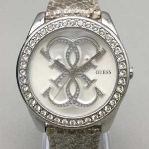 Guess Watch Women 40mm Silver Tone Crystals Faux Snake Leather Band New Battery - Picture 1 of 17