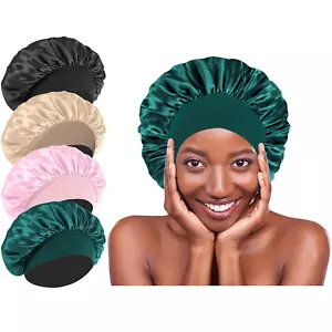 4Pcs Silk Hair Bonnets for Sleeping - Elastic Wide Band Satin Hair Wrap Bonnets - Picture 1 of 12