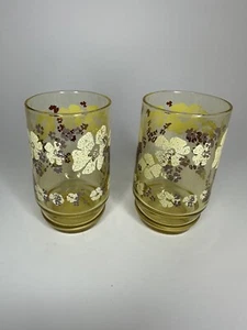 Vintage 1970s Amber Glass Floral Juice Glass Set Of 2 Drinking Cups 4" Libby? - Picture 1 of 3
