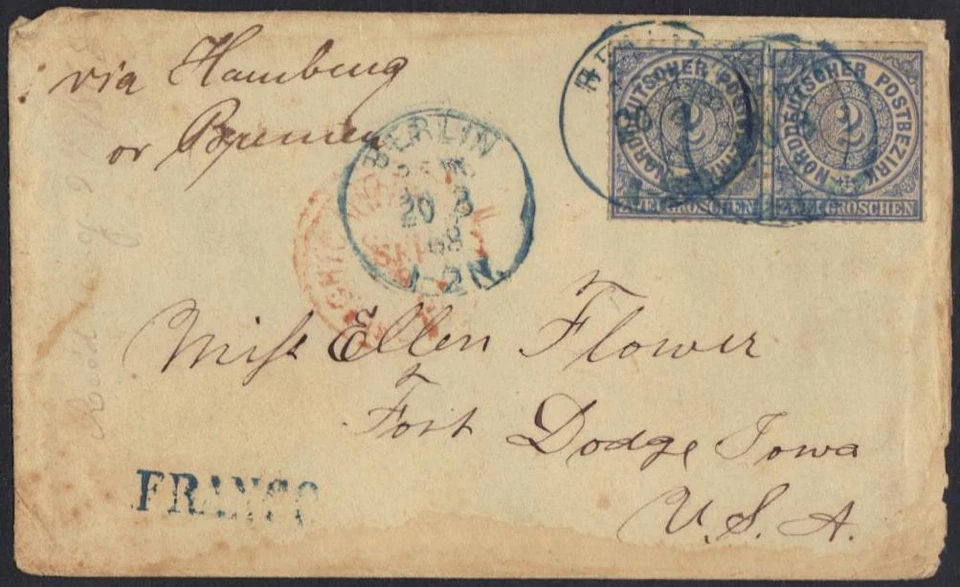 ALEMANIA A ESTADOS UNIDOS 1868 CONFEDERACIÓN ALEMANA DEL NORTE 2GR. PAR ATADO BERLÍN EN AZUL A Foto 1 de 1