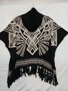 Flying Tomato Womens Poncho Sz S/M Black Cream Turtleneck Fringe Boho Geometric - Picture 1 of 7