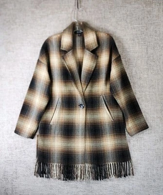 Chaqueta Karen Kane Mezcla de Lana a Cuadros Flecos para Mujer XS Marrón Crema Negro EE. UU. Foto 1 de 4