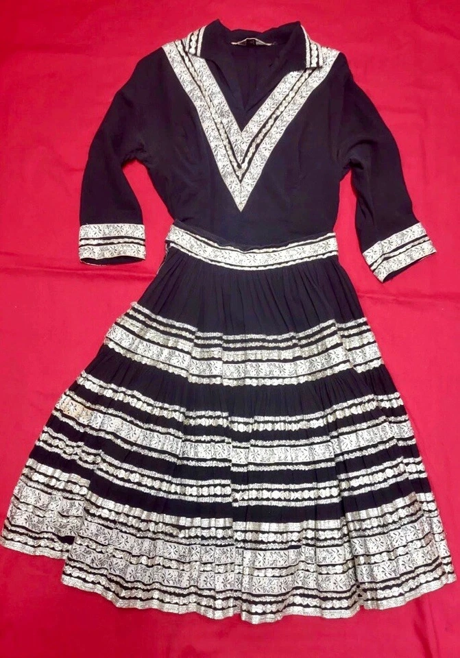 Vtg 1940s 50s DARK Blue Patio Dress Western Skirt Set Silver Metallic Ric Rac - Image 1 of 2