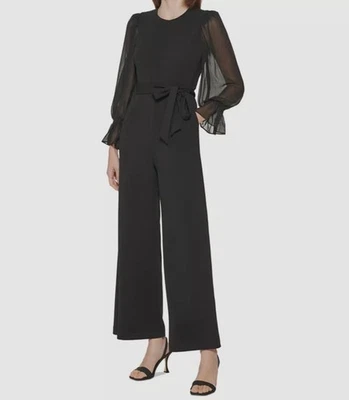 Calvin Klein Women's Black Crewneck Chiffon Flare-Leg Jumpsuit Size 14 - Image 1 of 2