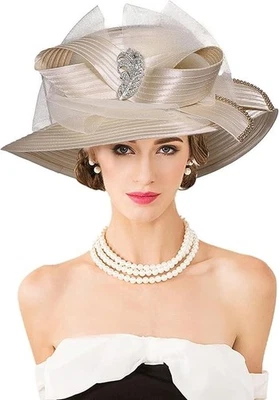 Women Derby Church Dress Fascinator Wide Brim Hats 1920s Vintage Tea Party Weddi - Image 1 of 4