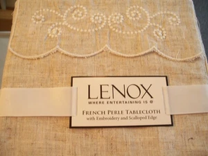 Lenox French Perle 70 Round " linen Tablecloth embroidered scallop edge bag NEW - Picture 1 of 3