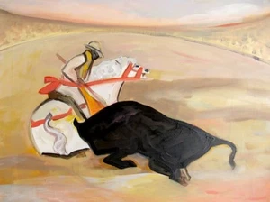 Carlo Massimo Franchi, Toro e cavaliere, olio su tela, 39.8x49.5 cm, firmato - Foto 1 di 1