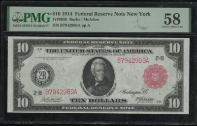 US 1914 $10 FRN New York District Red Seal FR 893b PMG 58 Ch AU (969) - Image 1 of 2
