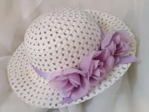GIRLS BIG GIRLS EASTER HAT DRESSUP TEAPARTY HAT WHITE HAT LAVENDAR ROSES NEW - Picture 1 of 1