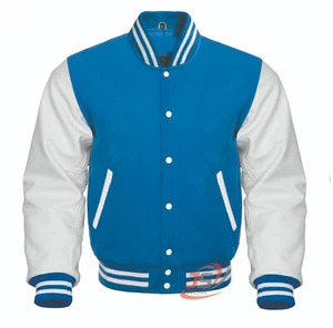 Varsity Bomber Letterman Sky Blue Wool & Cowhide White Leather Sleeves Jackets - Picture 1 of 3