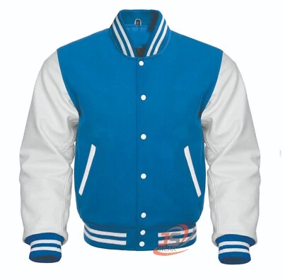 Varsity Bomber Letterman Sky Blue Wool & Cowhide White Leather Sleeves Jackets - Image 1 of 3