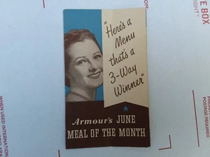 Vintage Armour's Mahlzeit Rezept dreifach gefaltet Broschüre Karte Werbung sammeln Marke Eph - Bild 1 von 3