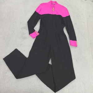 St John Santana Knit Jumpsuit Womens 6 Black Hot Pink Colorblock Vintage - Picture 1 of 24