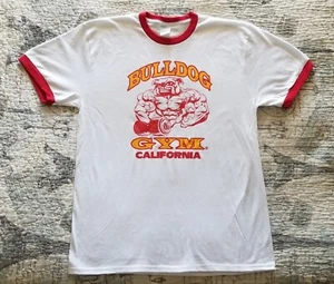 Bulldog Gym Bodybuilding Muscle White / Red / Vintage Gold Ringer T-Shirt - Picture 1 of 2
