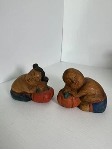 Vintage Chinese Wood Hand Carved Set Of 2 Children Sleeping Boy & Girl Decor - Bild 1 von 6
