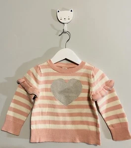 Baby Gap Mädchen Größe 2 Jahre rosa-weiß gestreifter Rüschenpullover mit silbernem Herz - Bild 1 von 3