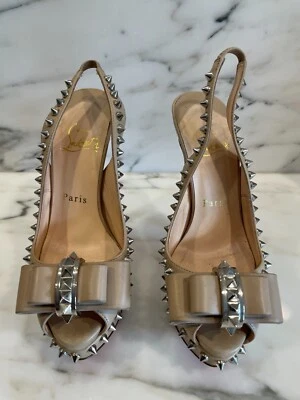 Christian Louboutin Lady Clou 150  Bowed spikes  Slingback heels SIZE 35 Nude - Image 1 of 4