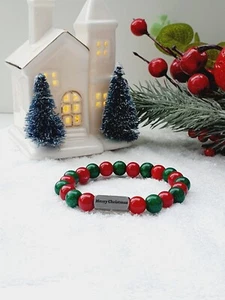 Christmas Bracelet Coral and Jade Natural Stone 8mm beaded, Gift Box Jewellery - Picture 1 of 4