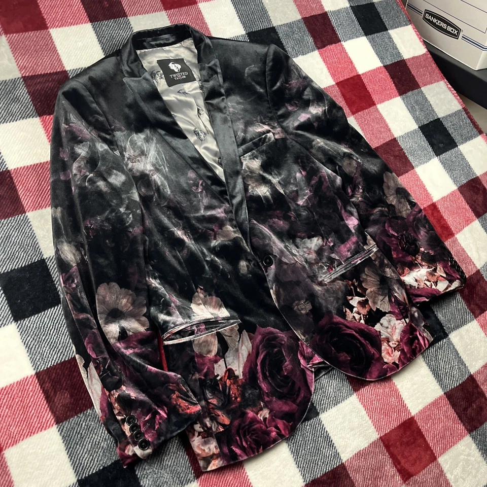 Twisted Tailor Suit Blazer Jacket Men 40R BLK Floral Skull Poly Velvet Kashmir - Image 1 of 4