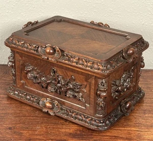 French Antique Walnut Wood Black Forest Carved Jewelry Storage Dresser Box/Case - Picture 1 of 11