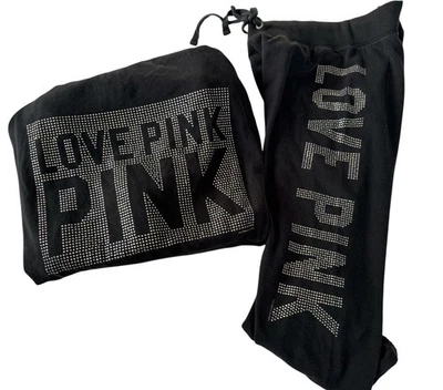 Raro 2012 Victoria's Secret ROSA estrás sudadera con capucha-M y Capri-S conjunto de pantalones deportivos negro Foto 1 de 4