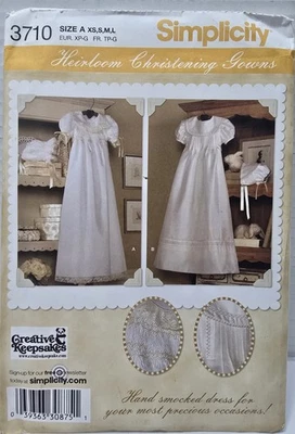 Simplicity 3710 Heirloom Christening Gowns Hand Smocked Dress XS-L 7-24lbs Uncut - Image 1 of 3