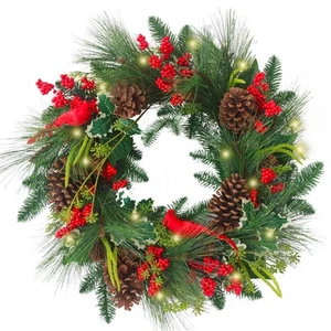 24 Inch Christmas Wreaths for Front Door, Christmas Door Wreaths with Birds,P... - Picture 1 of 7