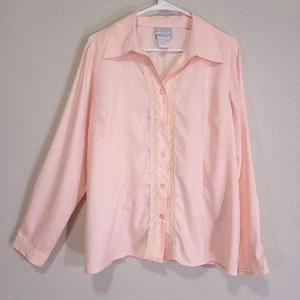 Swann Pink Blouse Womens Size 16 Office Professional Lace Button Up V Neck FLAW - Picture 1 of 13