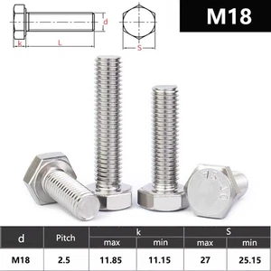 M18 18mmØ SET SCREWS HEXAGON HEAD FULLY THREADED METRIC BOLTS A2 STAINLESS STEEL - Picture 1 of 6
