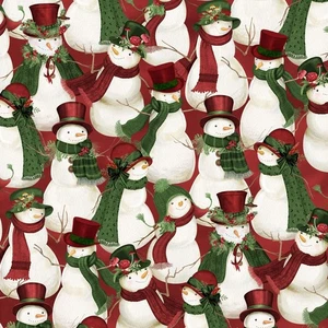 Wilmington Prints - Woodland Snowmen - Packed Snowmen - Red, Fabric BTY - Picture 1 of 8