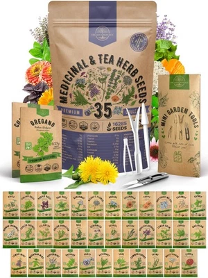 35 Medicinal & Tea Herb Seeds Variety Pack for Indoor & Outdoors. 16,335+ Non... - Image 1 of 4