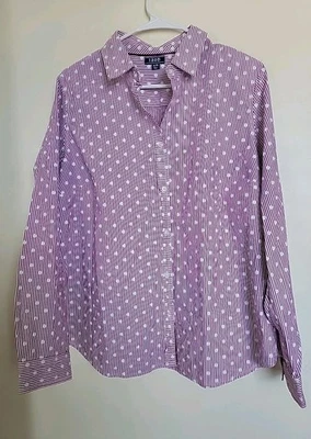 IZOD Button up Blouse Top Women’s Size XL Purple White Polka Dots Striped - Image 1 of 3