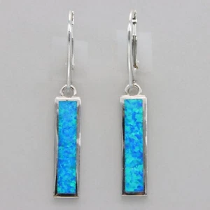 Square / Rectangle Blue FIRE OPAL Leverback Earrings - 925 STERLING SILVER #76e - Picture 1 of 8
