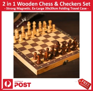 New 2 in 1 Magnetic Wooden Chess & Checkers Board Game 39x39cm X-Large Chess Set - Picture 1 of 7